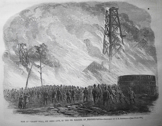 Fire at "Grant" Well, Pit Hole City in the oil regions of Pennsylvania.  HW 1865