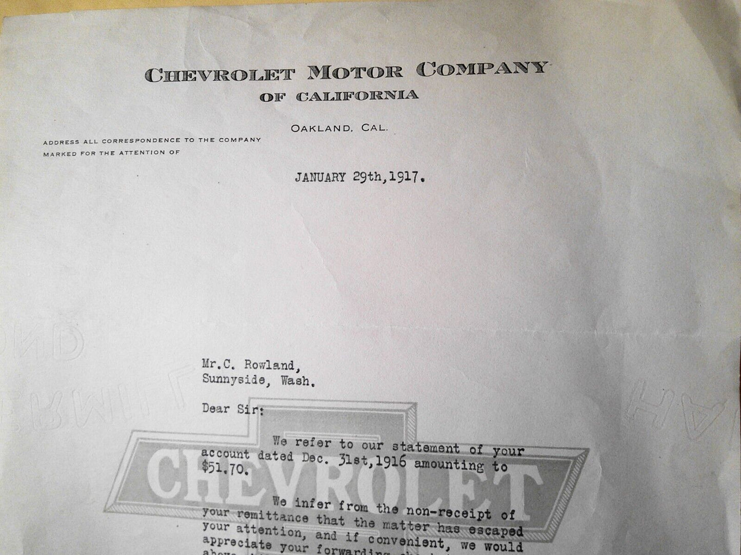 1917 Chevrolet Motor Company of California - Letterhead with bill reminder note