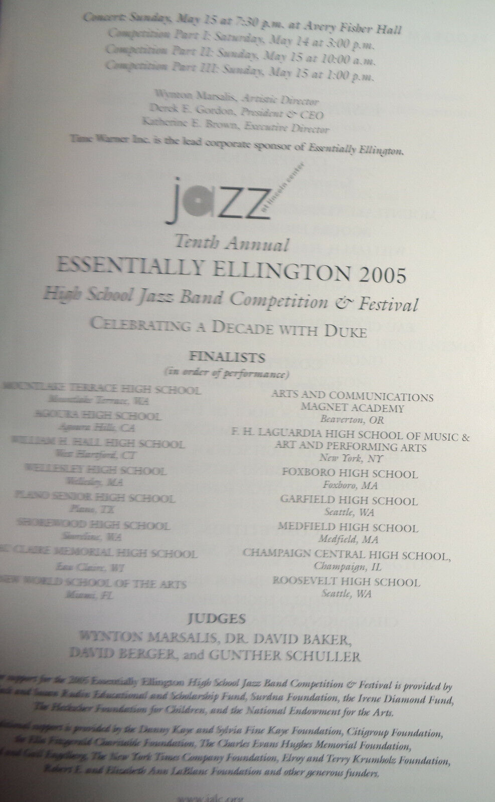 "ESSENTIALLY ELLINGTON" 2005 - HIGH SCHOOL JAZZ BAND COMPETITION - PLAYBILL