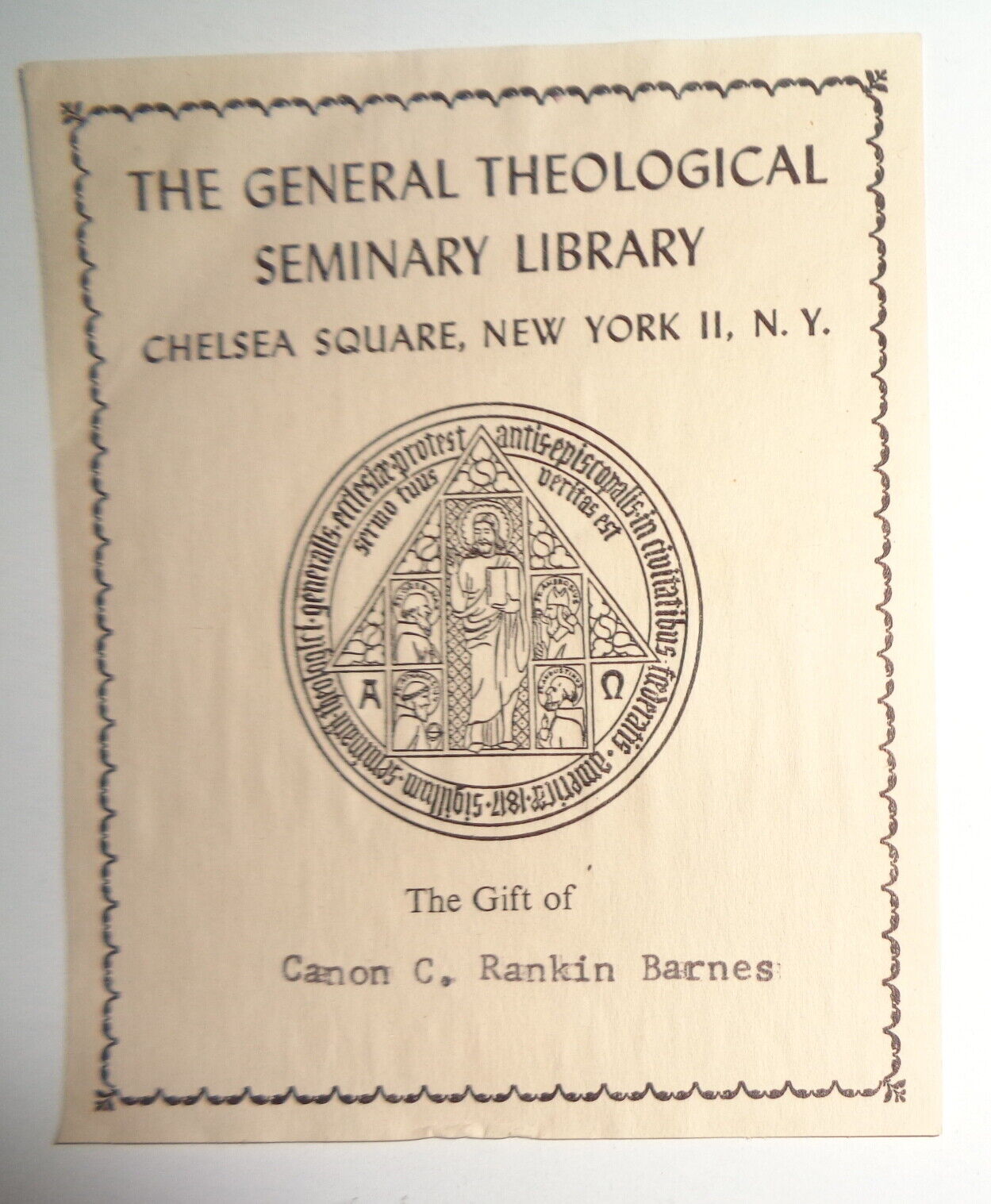 The General Theological Seminary Library, Chelsea, New York Ex Libris Bookplate