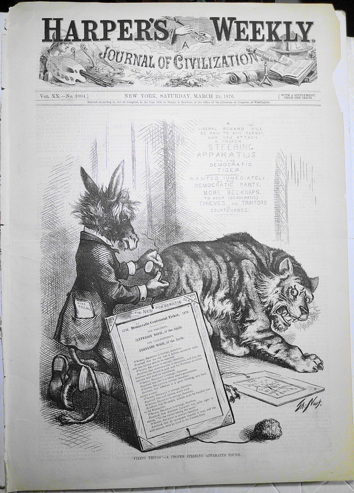 "Fixing Things"—A Proper Steering Apparatus Found - by Thomas Nast 1876 Harper's