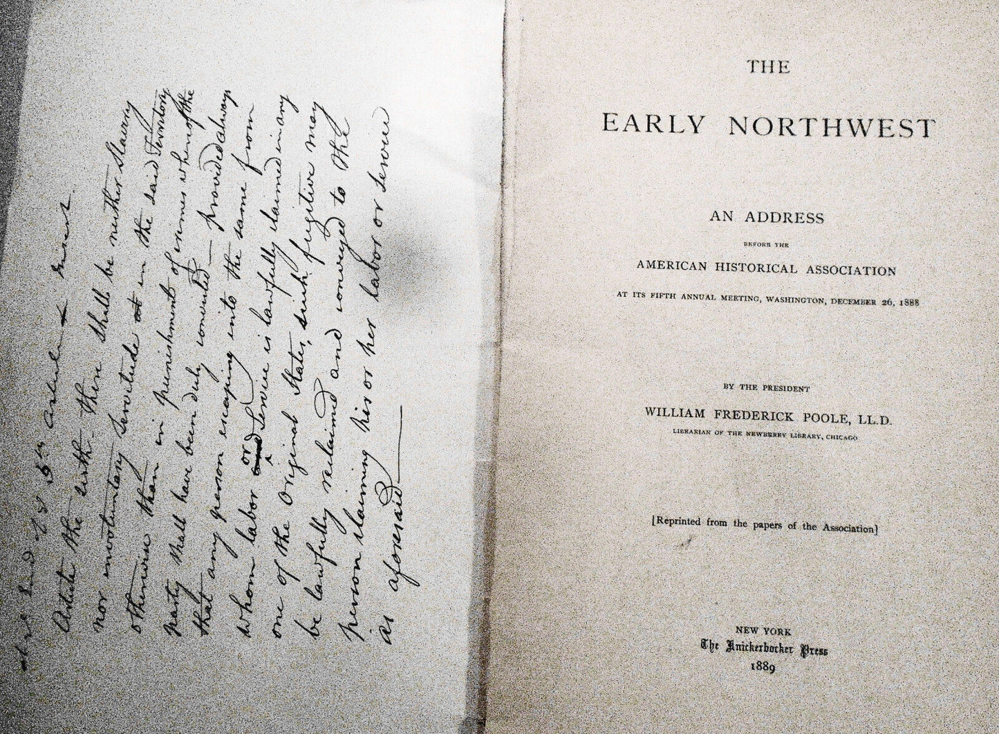 1889 The early Northwest: an address... by William Frederick Poole. [US History]