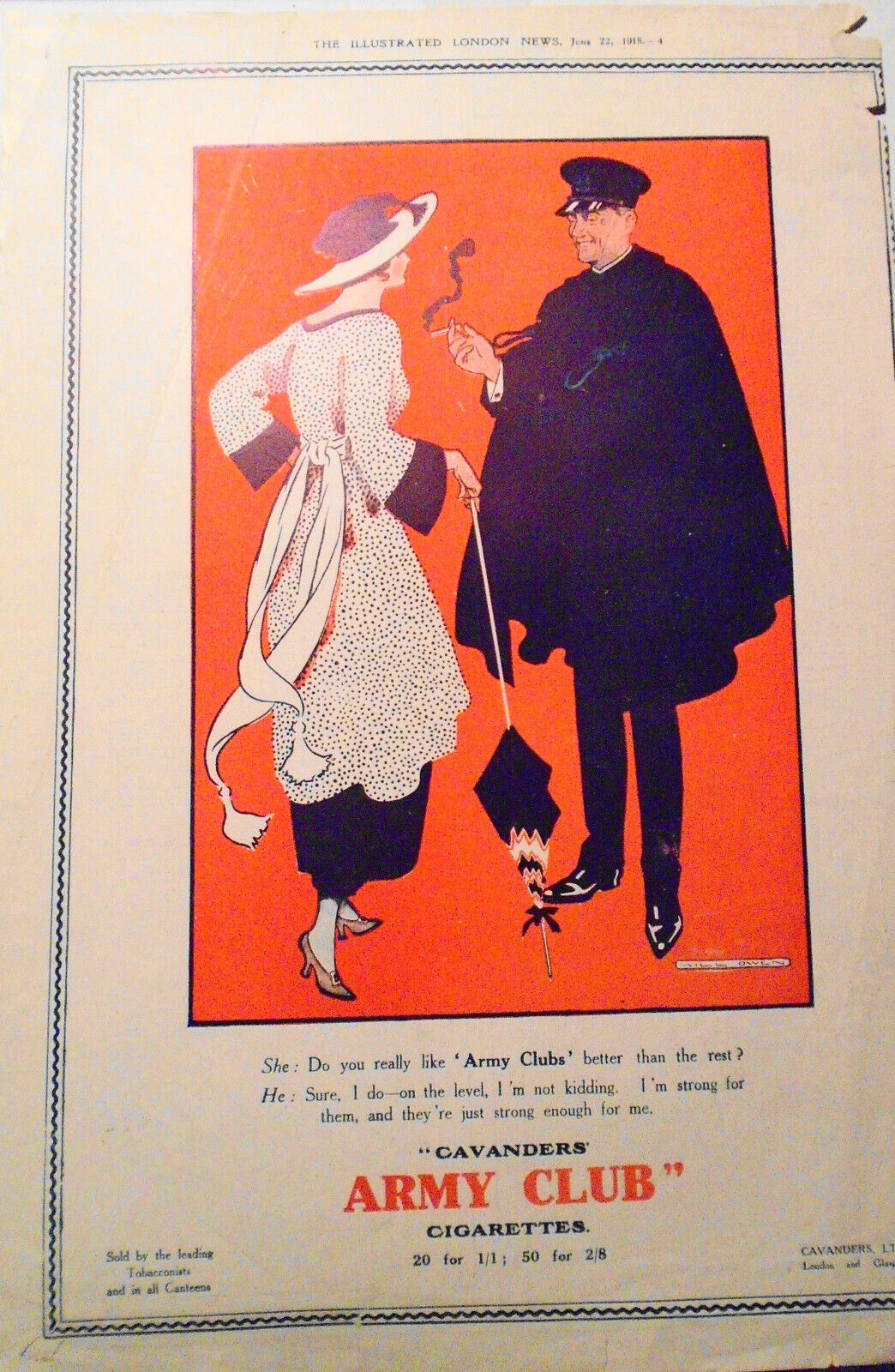 1918  Cavanders' Army Club Cigarettes Ad - original from Illustrated London News