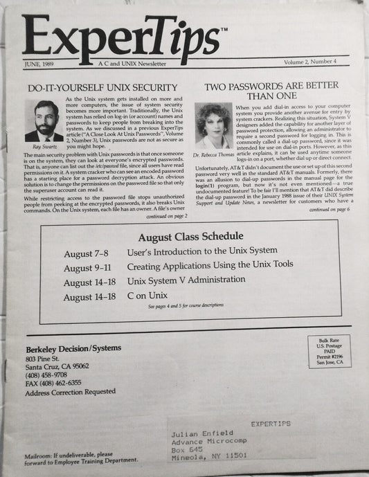 ExperTips, June 1989 -- A C and UNIX Newsletter -- Do-it Yourself UNIX Security