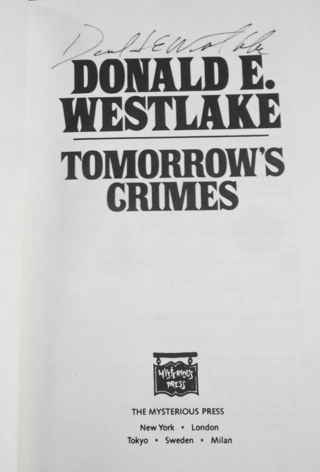 Tomorrow's Crimes, by Donald E. Westlake. SIGNED First Edition. 1989. HC/DJ