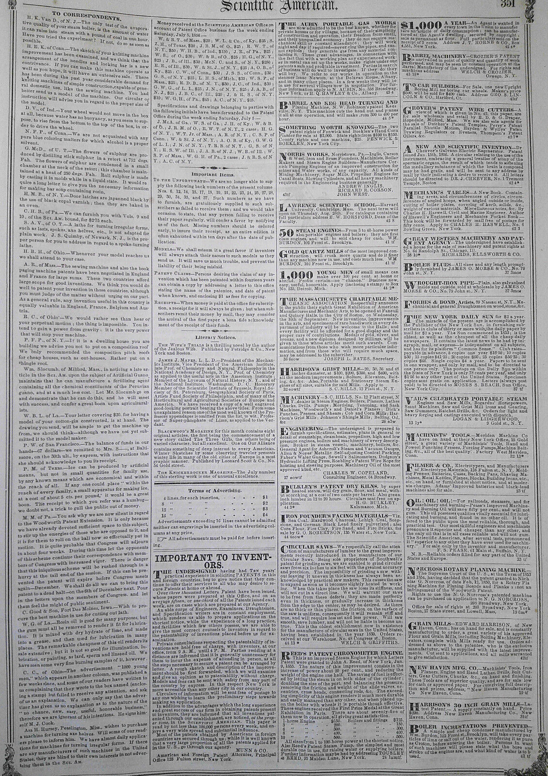 Scientific American, July 12, 1856. Corn planter; oscillating engines; gold etc