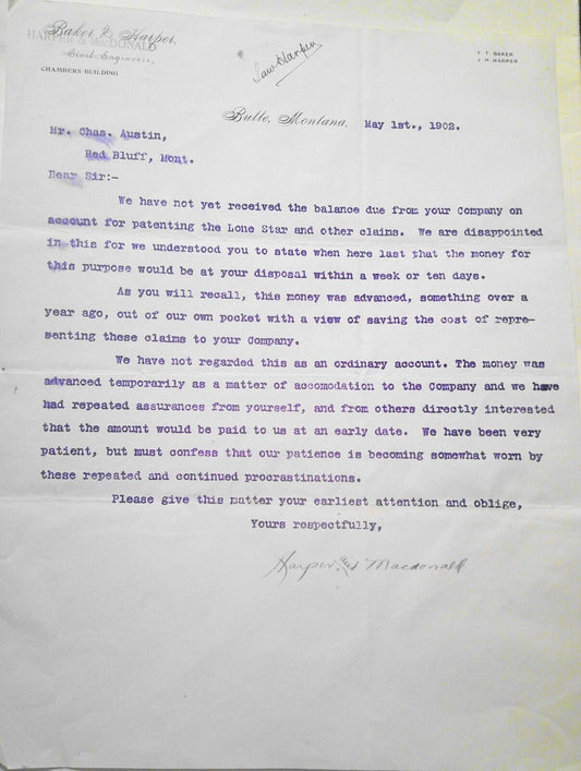 1902 Harper & MacDonald, Civil & Mining Engineers, Butte MT -  Billing Letter