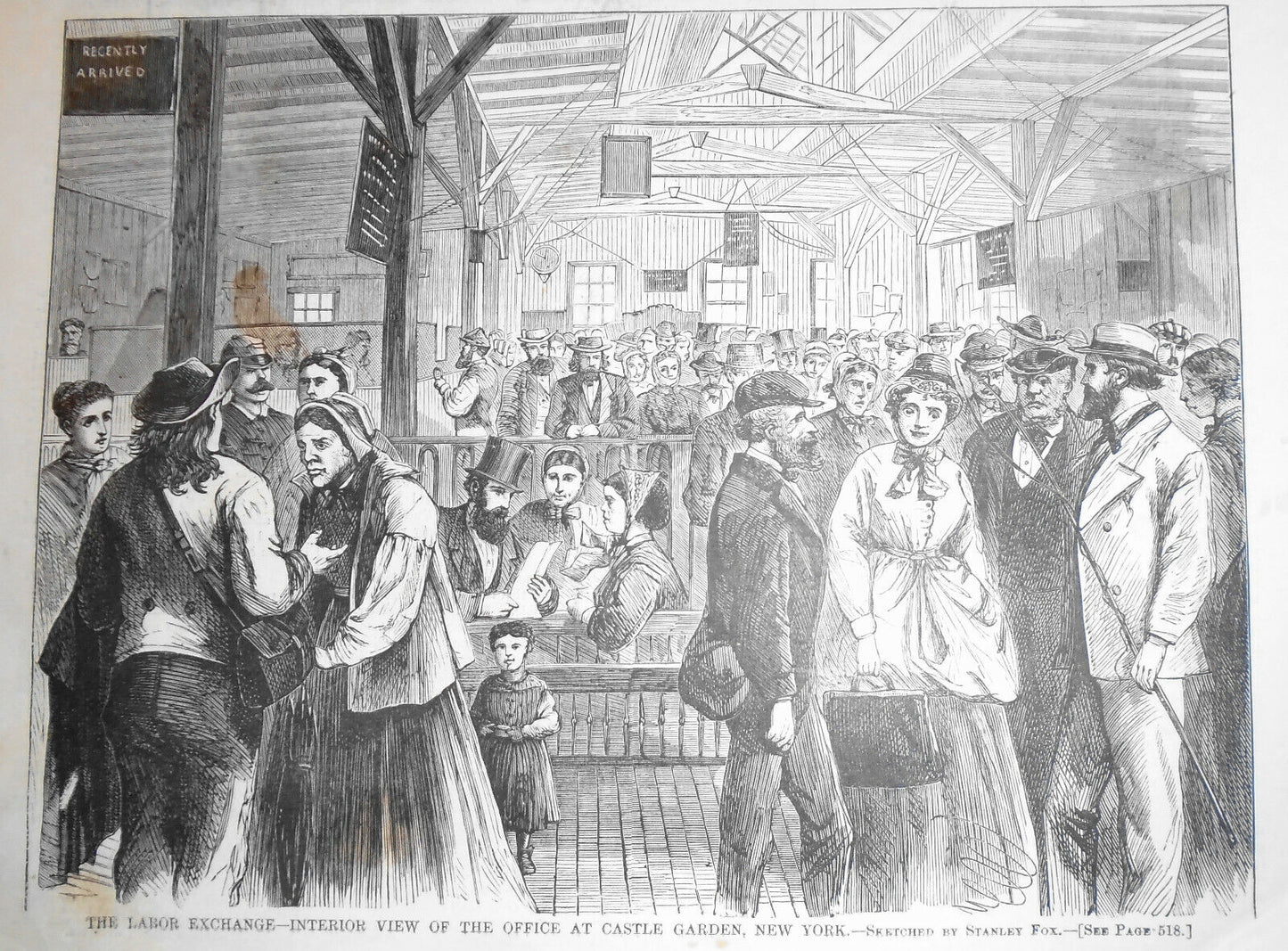 The Labor Exchange - Harper's Weekly - Aug. 15, 1868. 2 Prints - Emigrants...