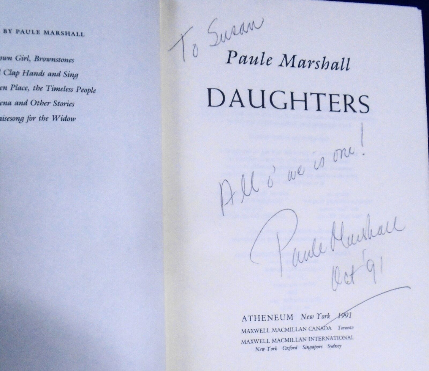 [Caribbean American] Paule Marshall, DAUGHTERS. Signed First edition, 1991. HC