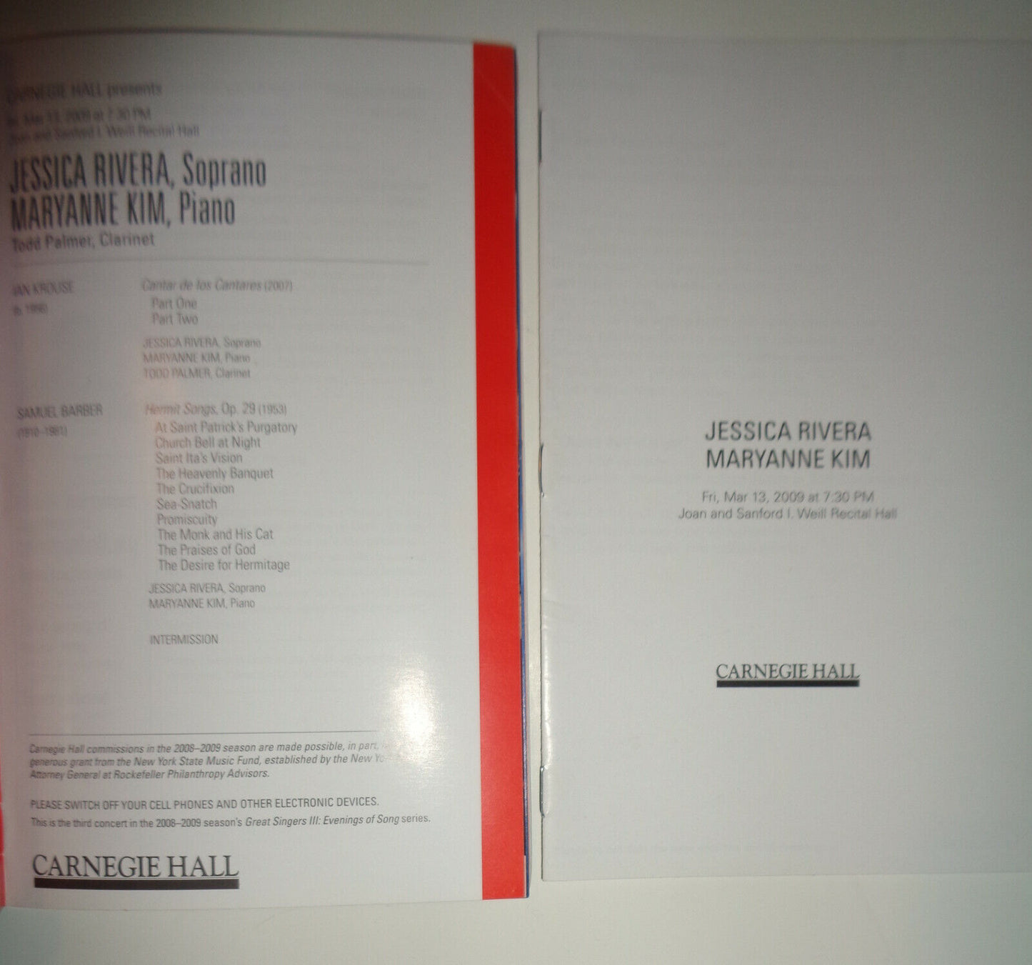 JESSICA RIVERA, SOPRANO / MARYANNE KIM, PIANO - CARNEGIE HALL PLAYBILL Mar 2009