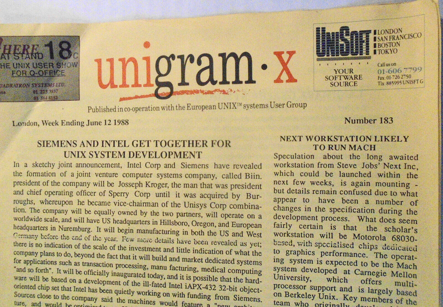 Unigram-X, #183 - June 12, 1988 - London weekly for UNIX manufacturers, et al