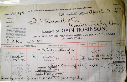 1901 Gain Robinson, Lumber Company receipt, Springfield, MA. Sold to Bidwell Co.