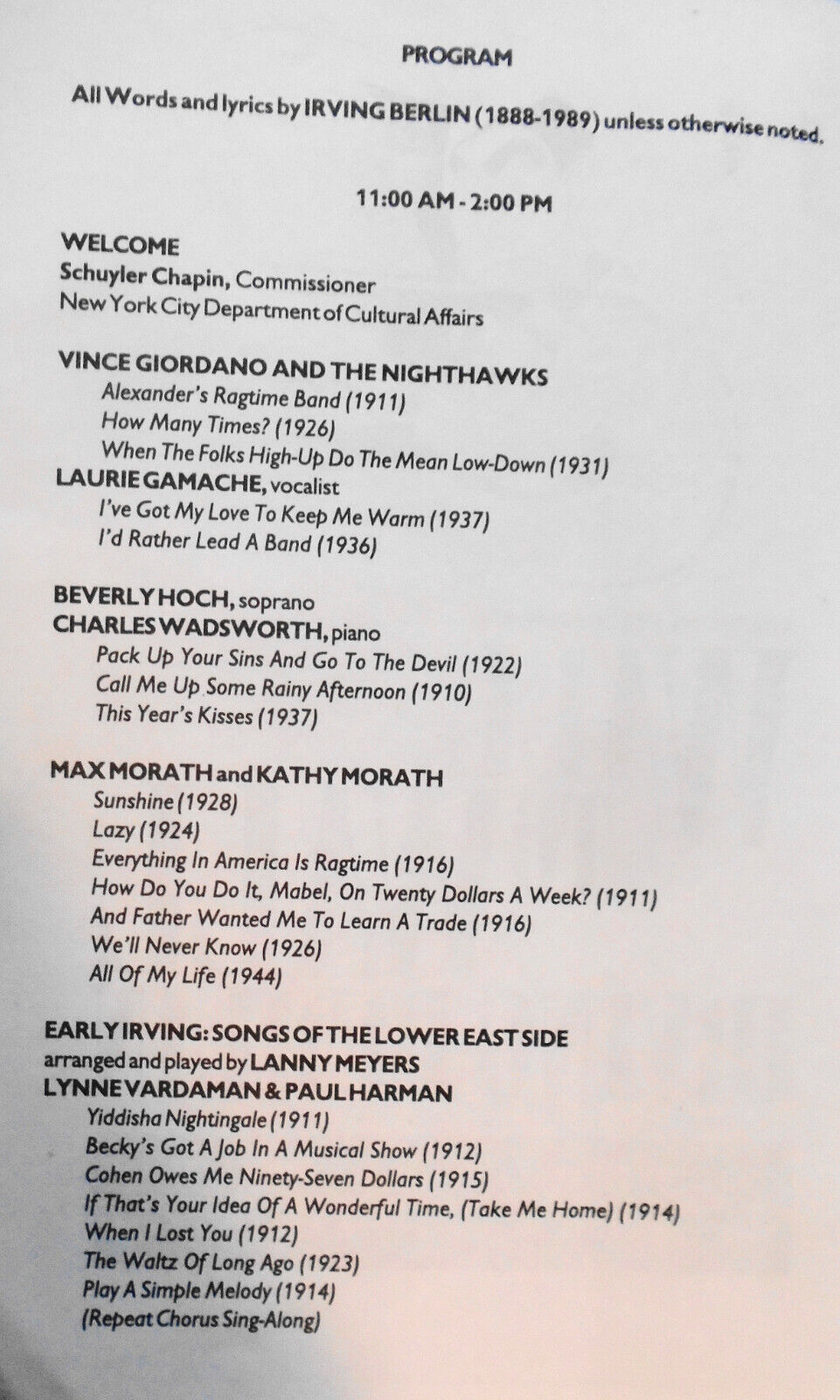 WALL TO WALL IRVING BERLIN - Program - March 19, 1994 - Symphony Space, NYC