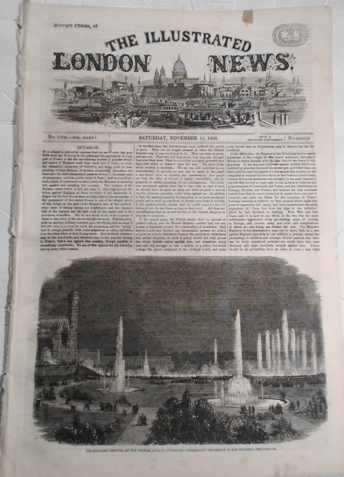 The Illustrated London News, November 19, 1859 War in Morocco; Schiller Festival