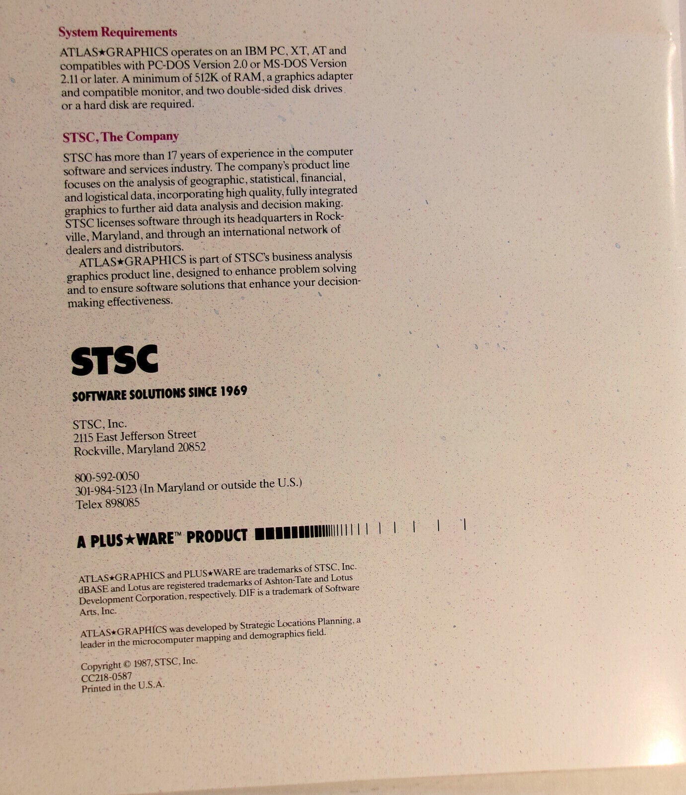 Statgraphics and Atlas*Graphics, by STSC, Inc. - Promo brochures, 1987.