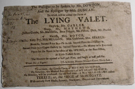 [1800] UK Theatre playbill - The Lying Valet, by David Garrick.