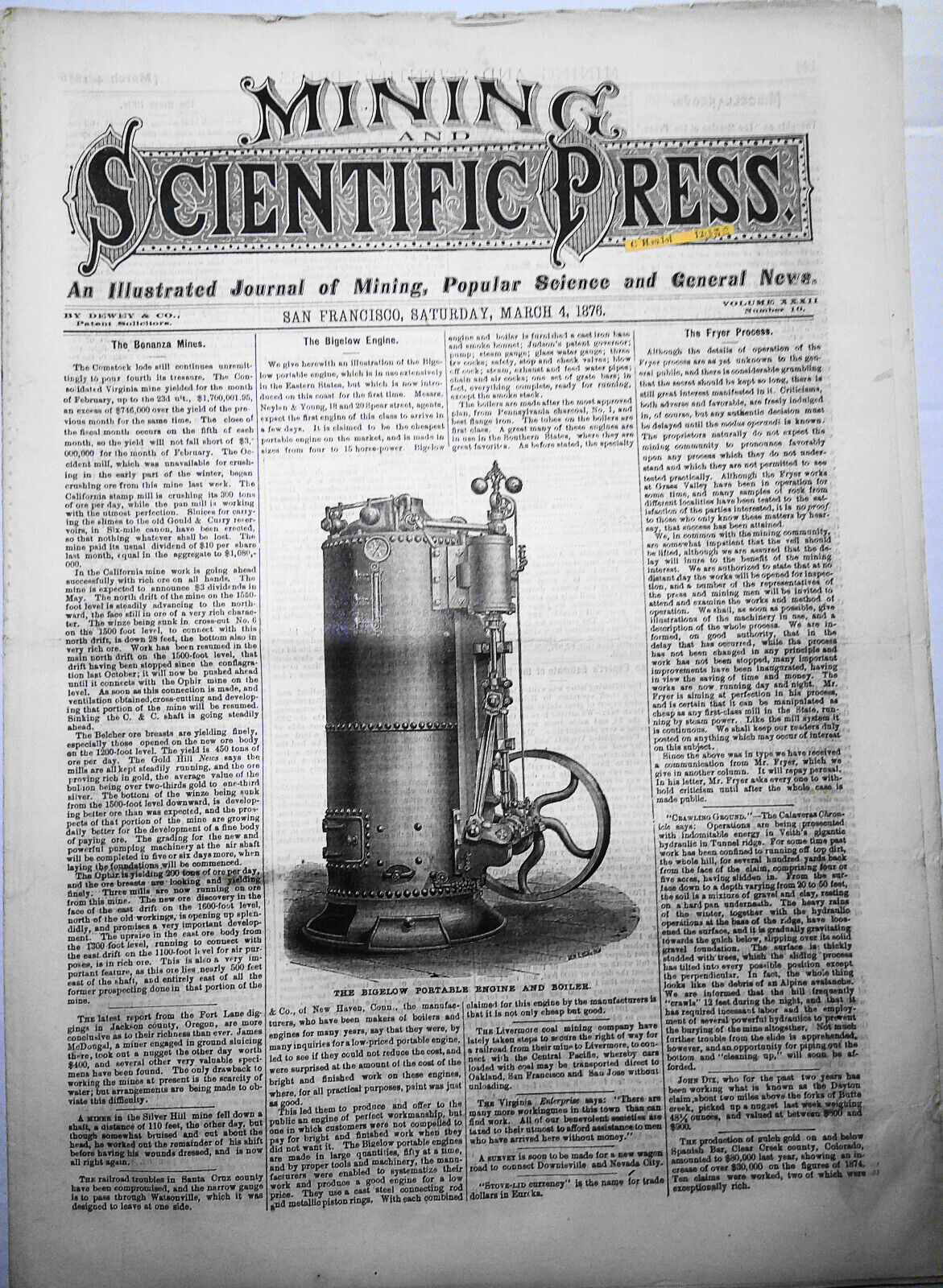 Mining and Scientific Press, March 4, 1876. Bonanza Mines; Bigelow Engine; etc