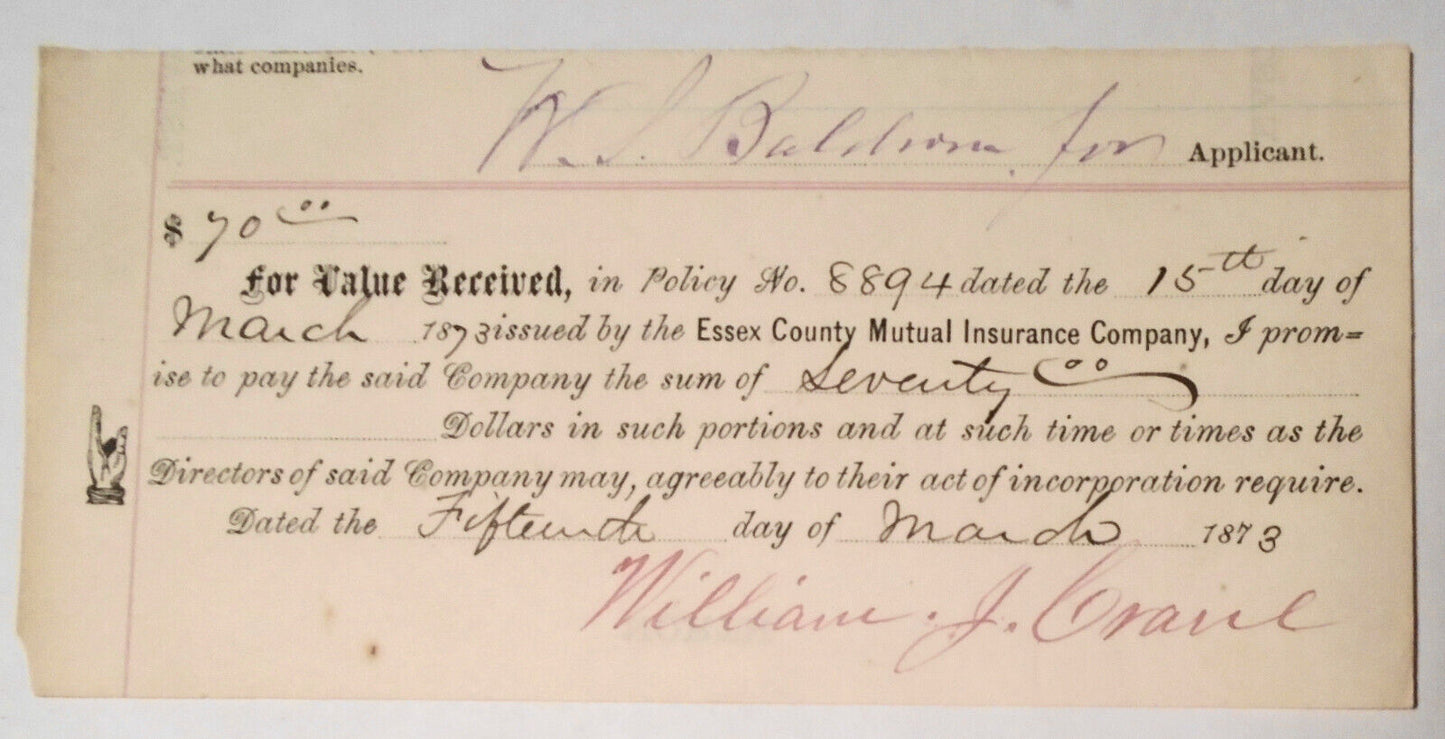 1878 Two notes regarding renewal, Essex County Mutual Insurance Co., New Jersey