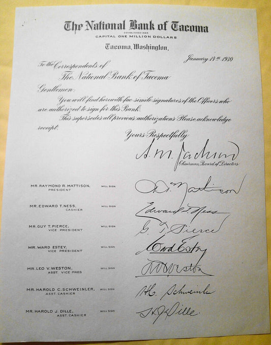 1930 The National Bank of Tacoma, Washington - Signatures of Officers