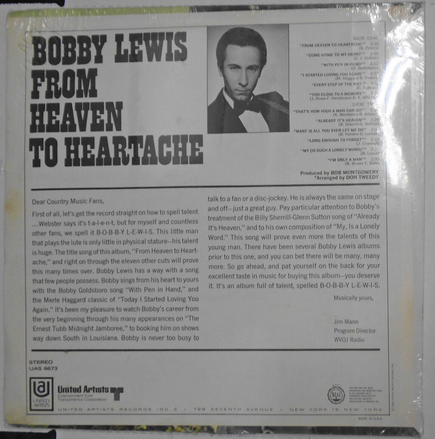 Bobby Lewis - From Heaven to Heartache LP, 1968 --- UAS 6673 -  SEALED, NEW