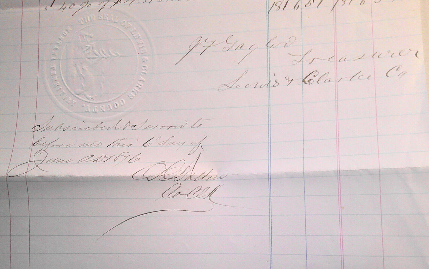 1876 Report to Territorial Treasurer, Lewis and Clarke County Montana, with seal