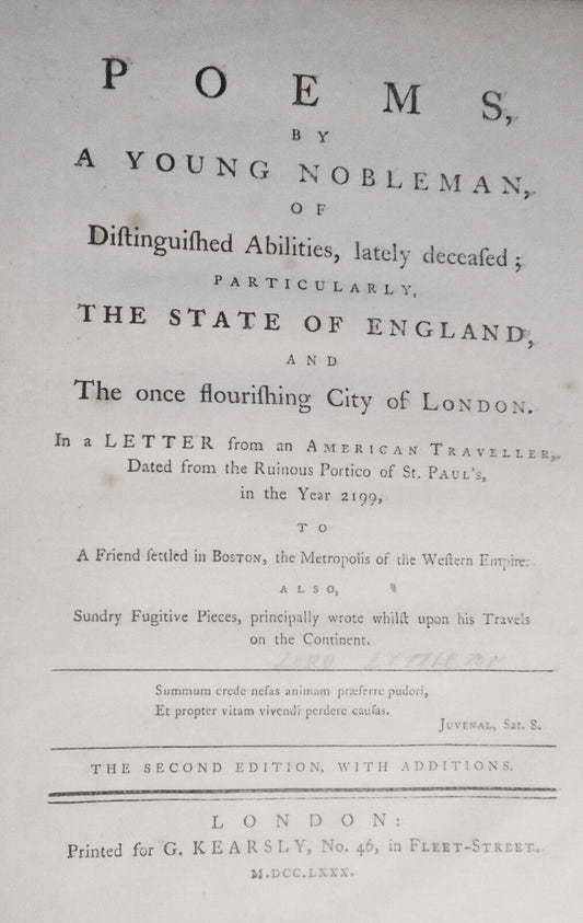 1780 Lyttleton: Poems by a Young Nobleman of Distinguished Abilities