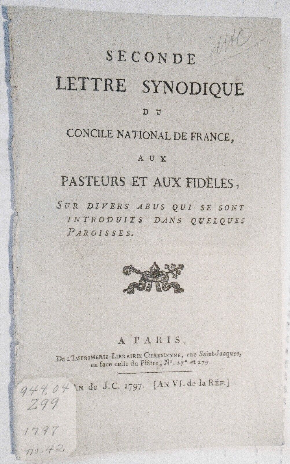 1797 Seconde lettre synodique du Concile national de France