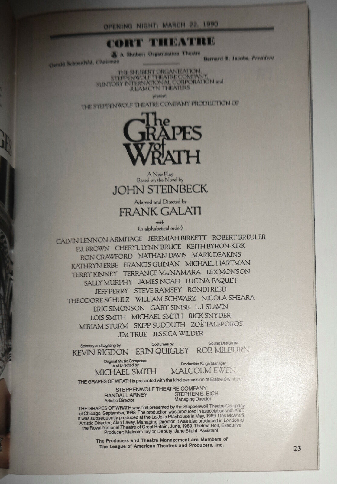 THE GRAPES OF WRATH -  OPENING NIGHT PLAYBILL - MARCH 22, 1990 CORT THEATRE