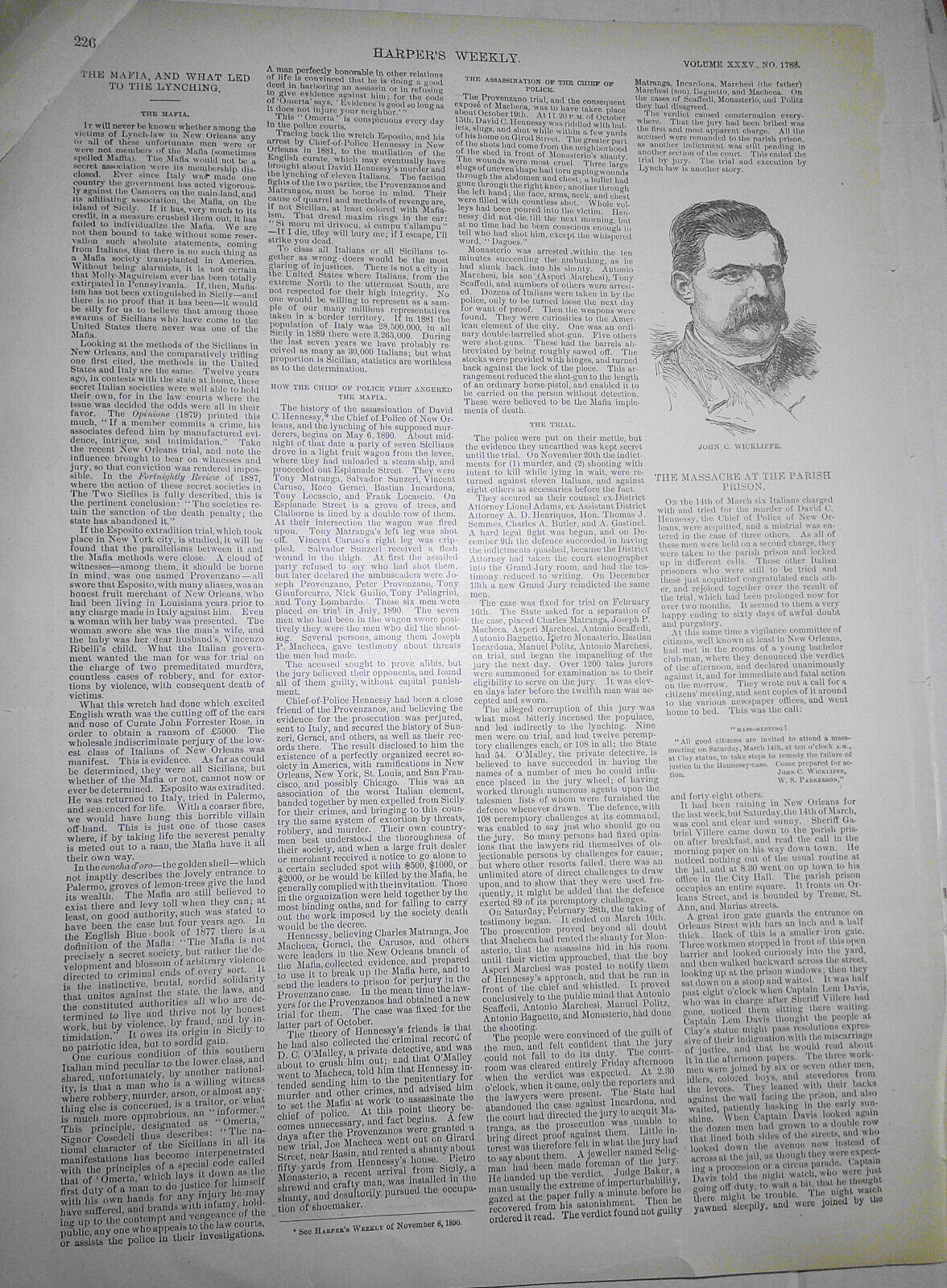 Citizens' Mass Meeting at Clay Statue New Orleans + Mafia. Harper's Weekly 1891
