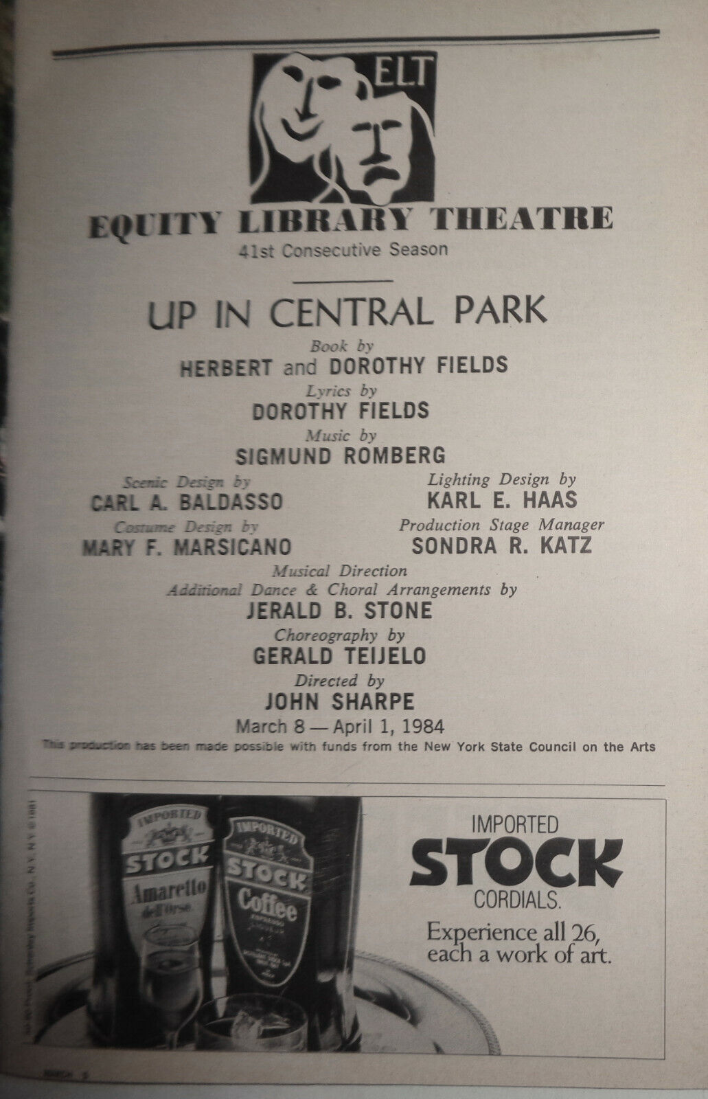 UP IN CENTRAL PARK - SHOWBILL - 1984, NEW YORK: EQUITY LIBRARY THEATRE