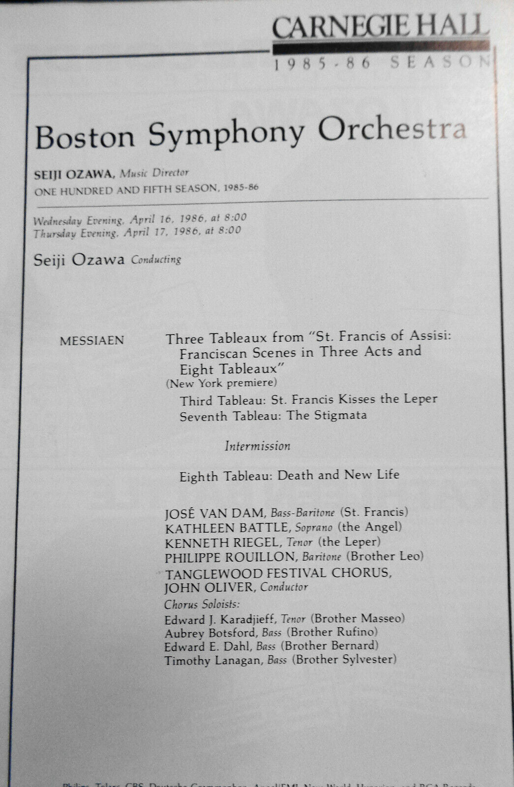 BOSTON SYMPHONY ORCH STAGEBILL - 1986 Carnegie Hall Jose Van Dam Kathleen Battle