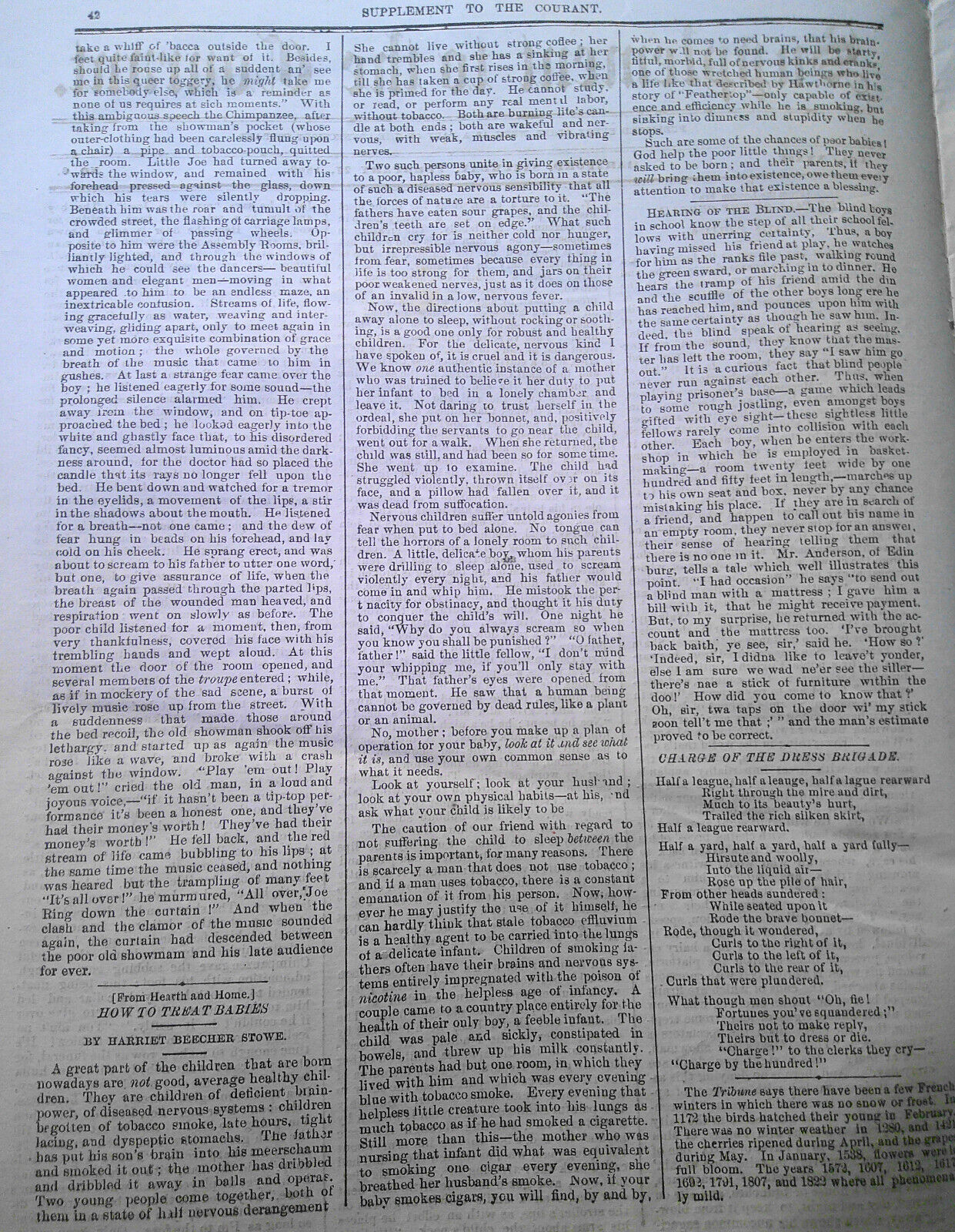 Harriet Beecher Stowe on Babies; Kentucky Blacks -Supplement To the Courant 1869