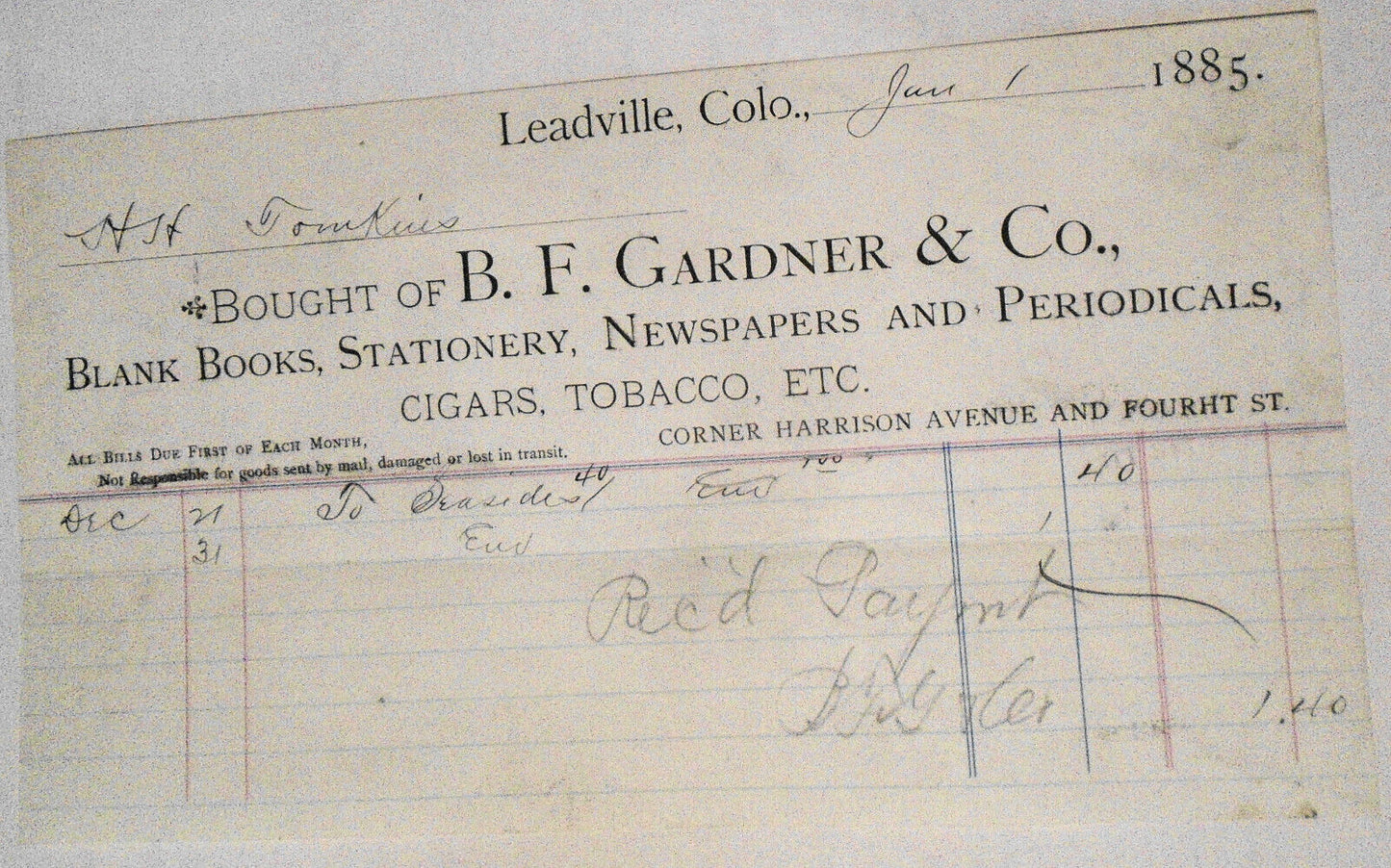 1889 Billhead receipt,  B. F. Gardner & Co., Stationery, etc  Leadville Colorado