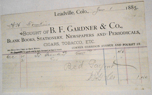 1889 Billhead receipt,  B. F. Gardner & Co., Stationery, etc  Leadville Colorado