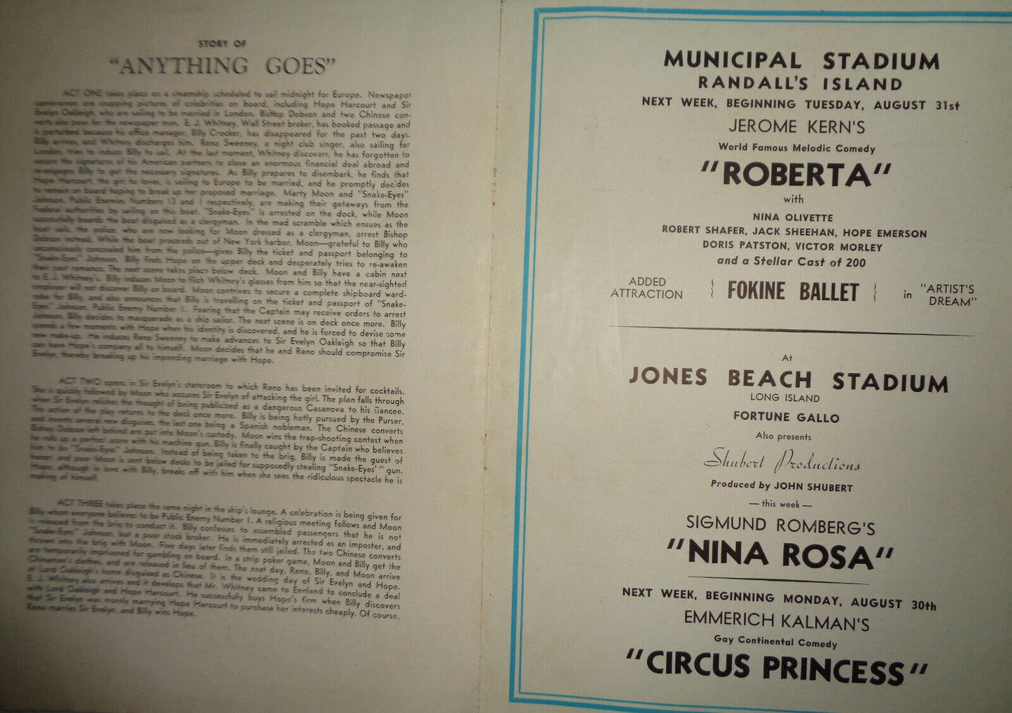 "ANYTHING GOES" - SOUVENIR PROGRAM - 1938 RANDALL'S ISLAND: MUNICIPAL STADIUM NY