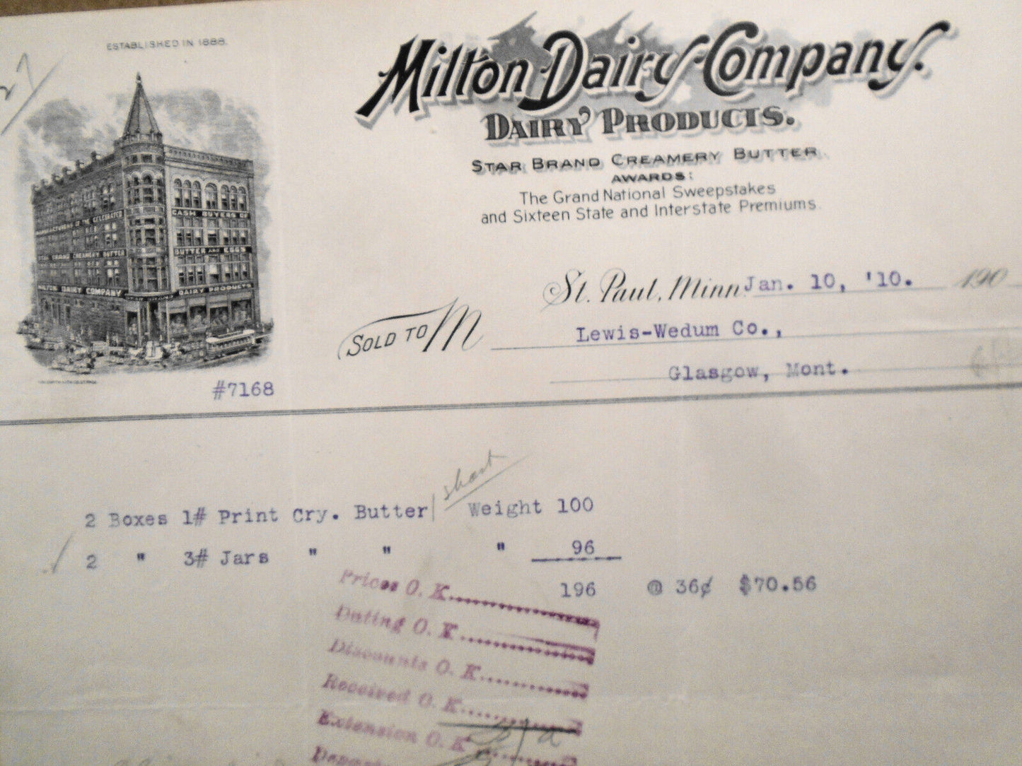 1910 Milton Dairy Company, St. Paul, Minnesota. Billhead receipt - butter, jars.