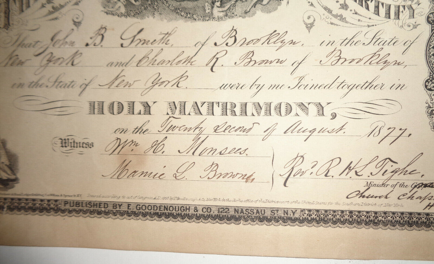 1877 Brooklyn marriage certificate - John B. Smith & Charlotte R. Brown