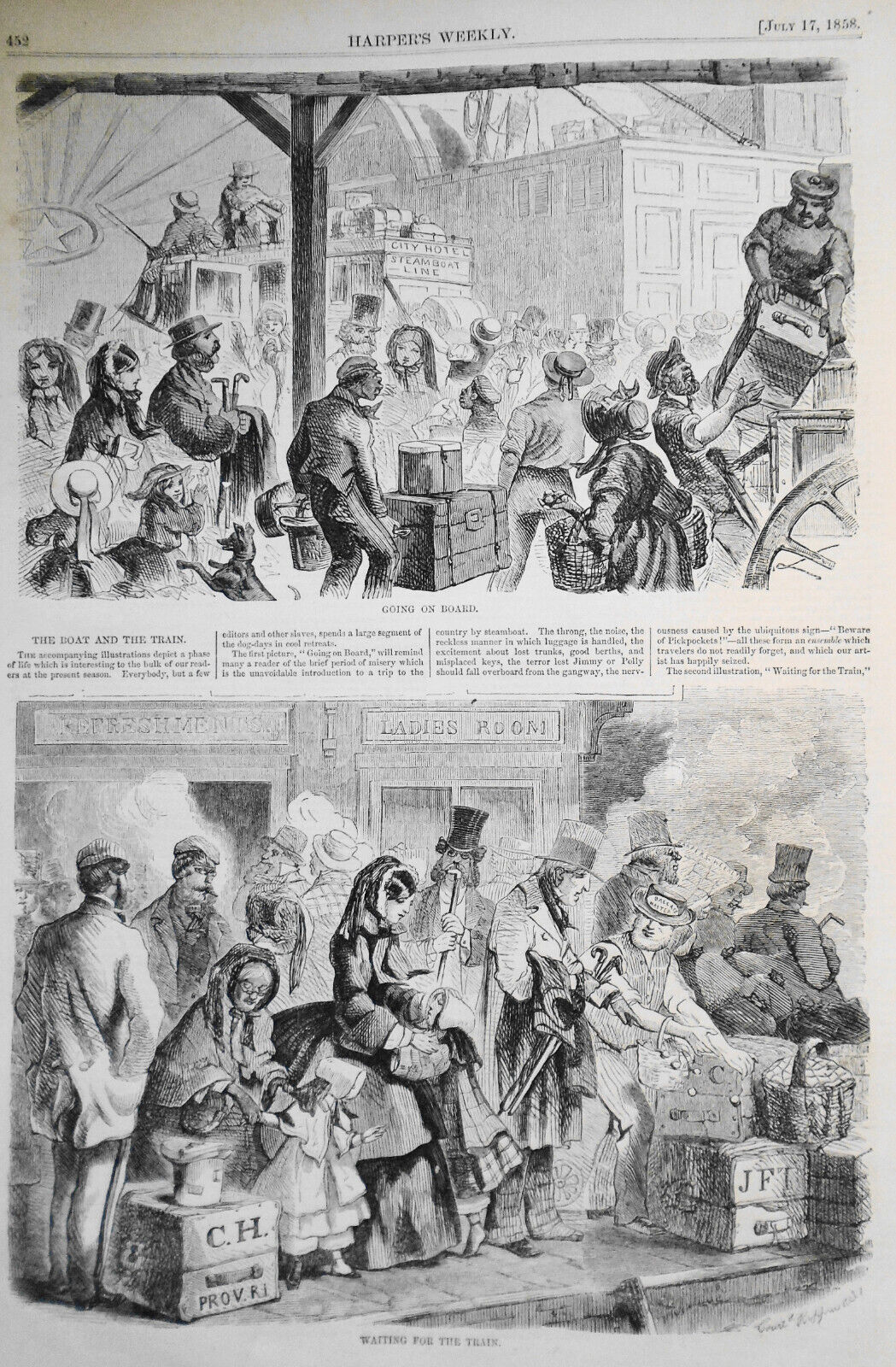 The Boat And The Train - Harper's Weekly, July 17, 1858 -- 2 engravings & story