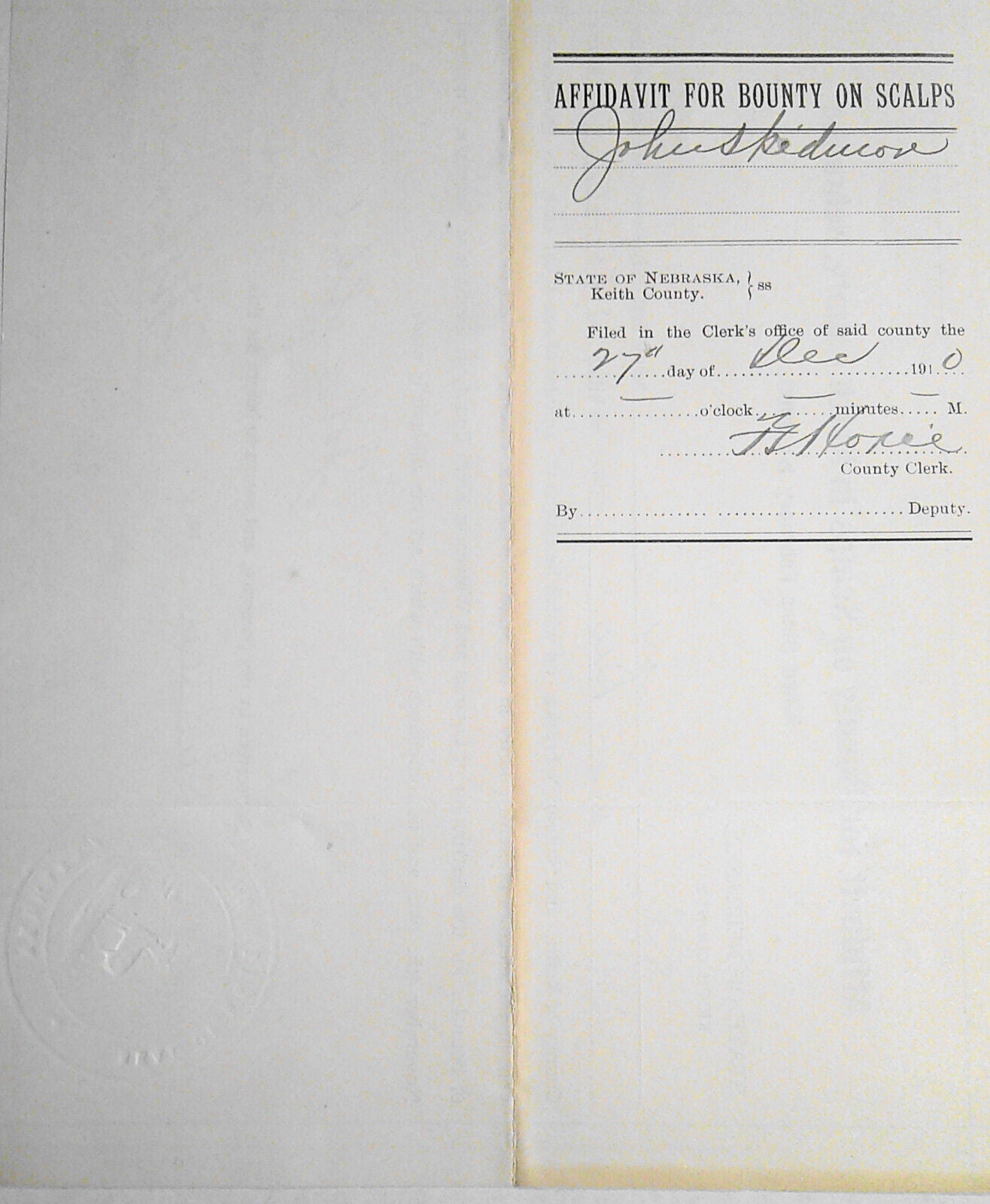 1910 Affidavit for Bounty on Scalps in Keith County, Nebraska.  [5 coyotes].