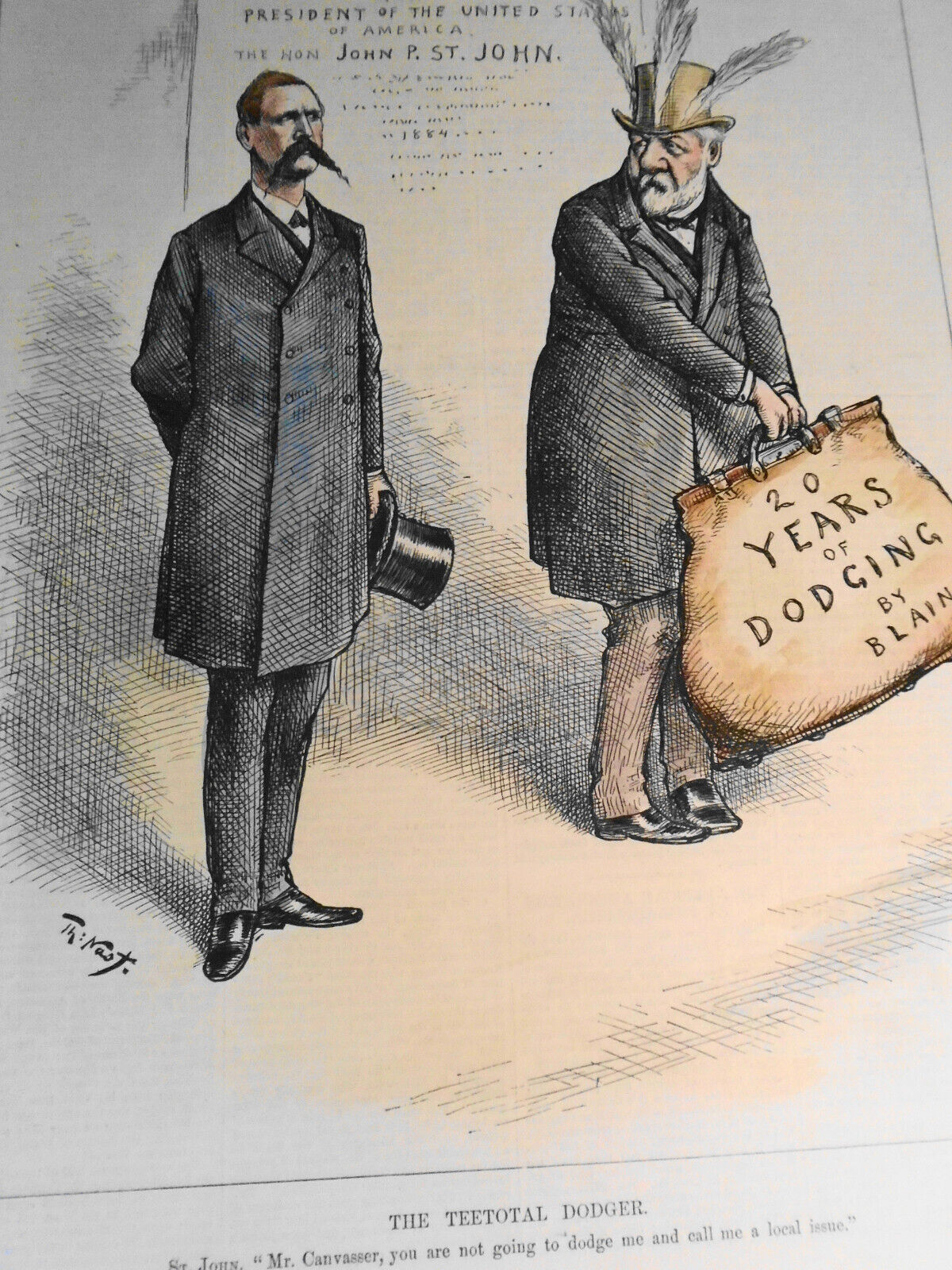 The Teetotal Dodger, by Thomas Nast - Harper's Weekly 1884. Hand-colored.