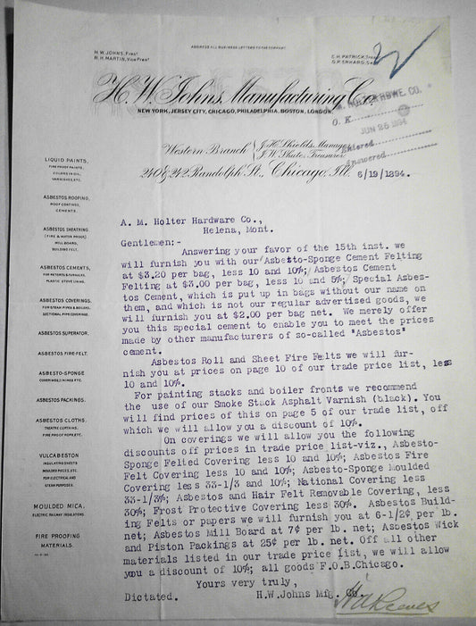 1894 Business Letter - H. W. Johns Manufacturing Co, Chicago - Asbestos products