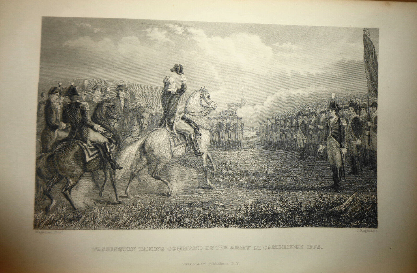 1860 Washington Taking Command of the Army at Cambridge 1775 - original print