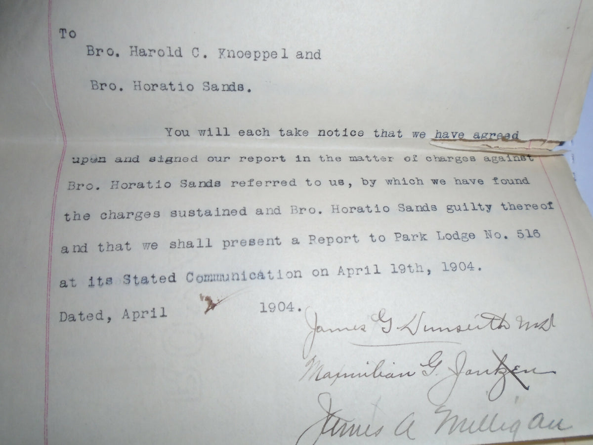 1904 Masonic archive, NYC - Trial & Expulsion of Secretary Sands for Fraud