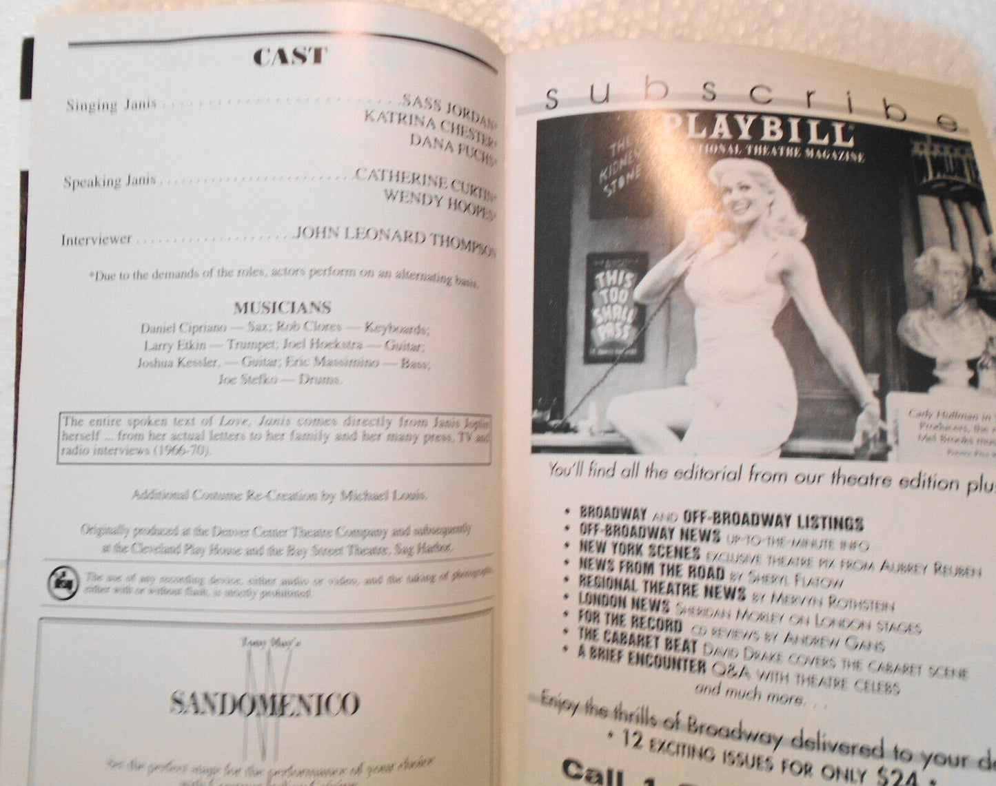 Love, Janis - Playbill - December 2002. Village Theater, NYC. Sass Jordan...