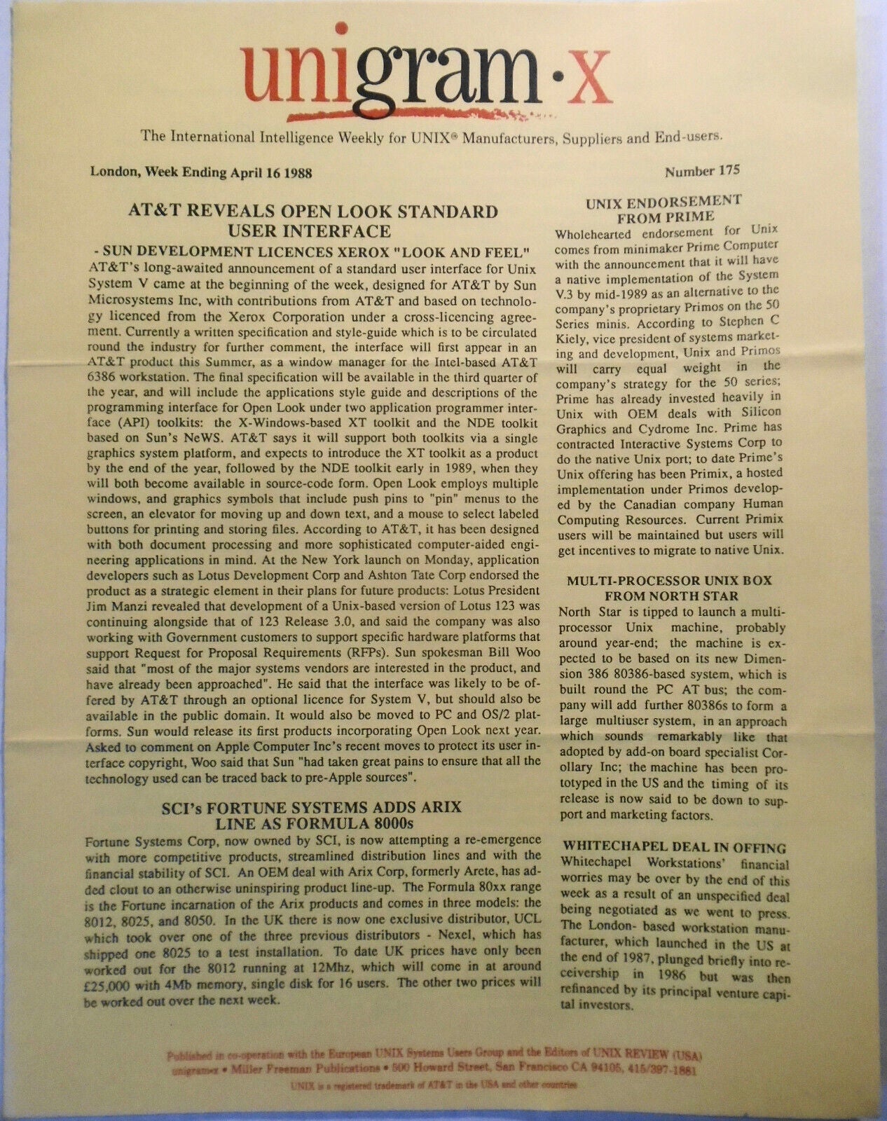 Unigram-X, #175 - April 16, 1988 - London weekly for UNIX manufacturers, et al