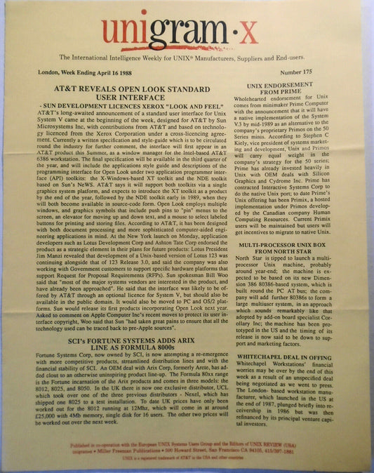 Unigram-X, #175 - April 16, 1988 - London weekly for UNIX manufacturers, et al