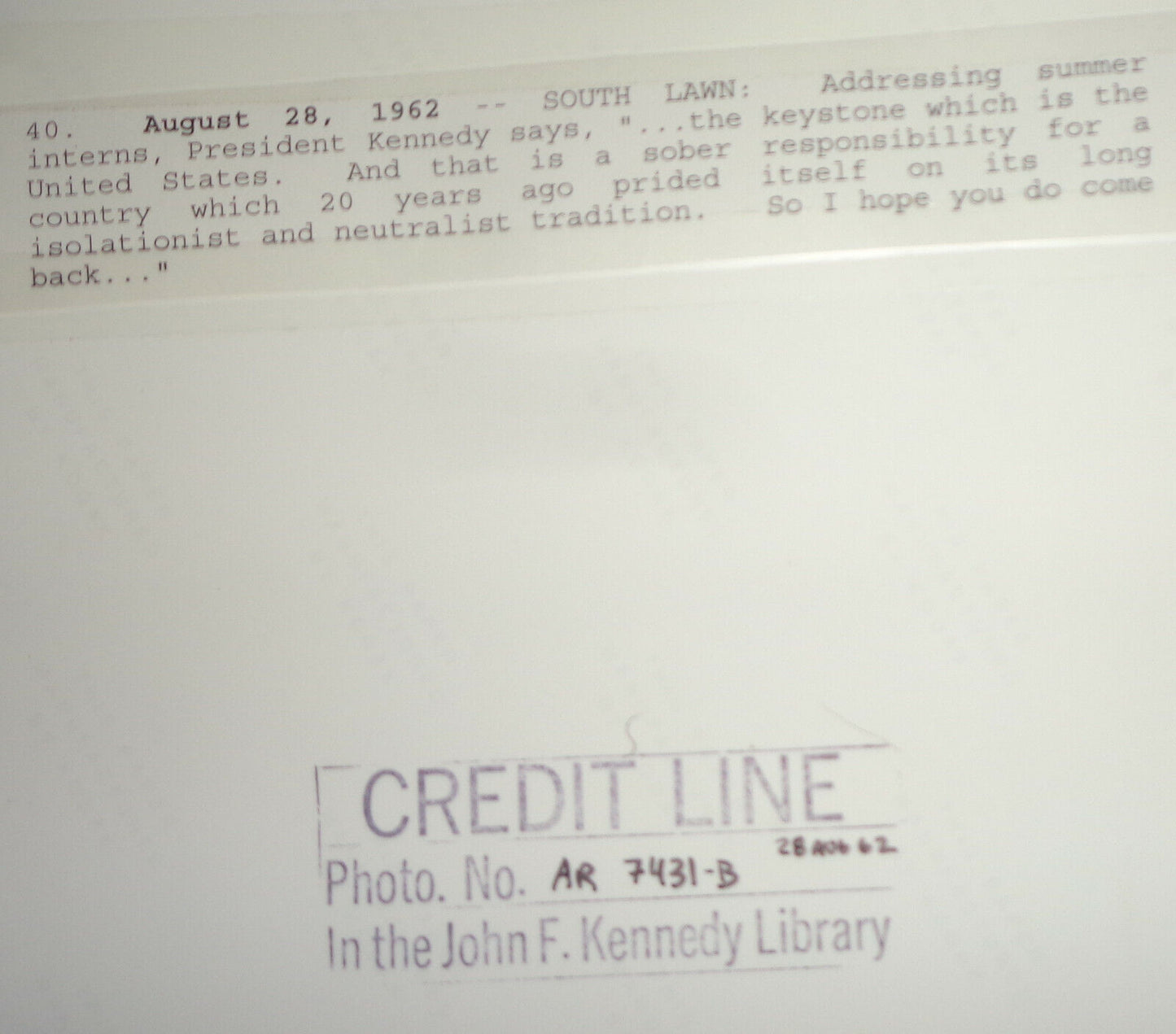 1962 President John F Kennedy Photo - South Lawn - Addressing summer interns