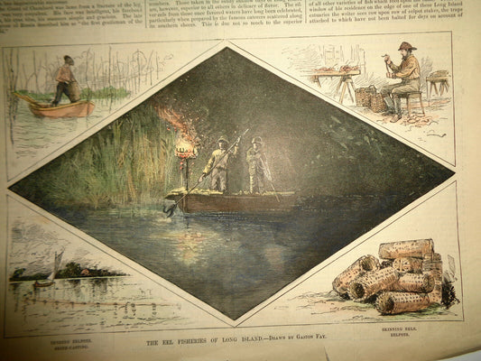 HARPER'S WEEKLY HAND-COLORED PRINT - EEL FISHERIES OF LONG ISLAND   SEPT 1, 1883