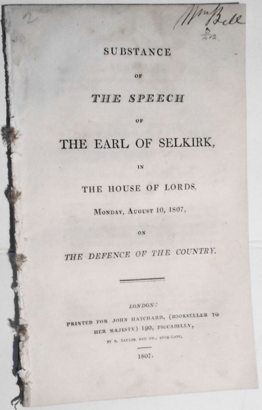 1807 Substance of The Speech of The Earl of Selkirk