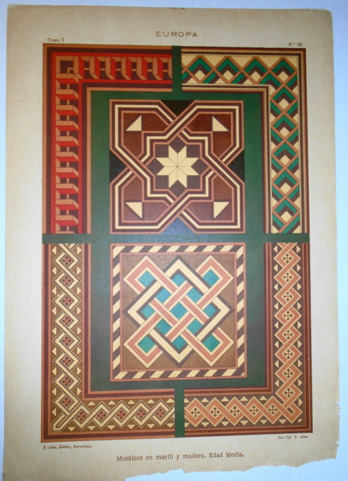 EUROPA Mosaicos - lot of three lithographs circa 1890 by J. Aleu, Barcelona.